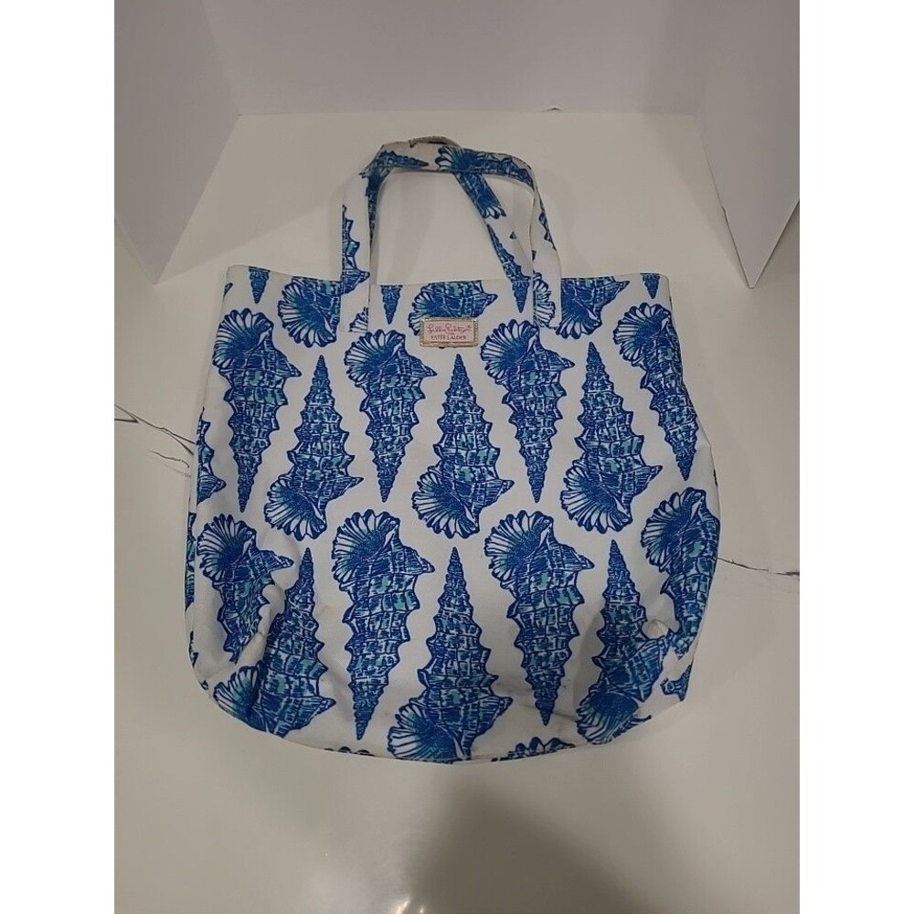 Lily Pulitzer For Estee Lauder Canvas Tote Bag Blue and white W Sea Shells Bagbn
